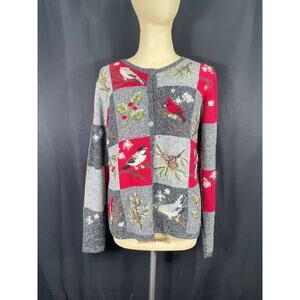 Vintage Northern Isle Cardigan Christmas Sweater Cardinals, Chickadees Pinecones